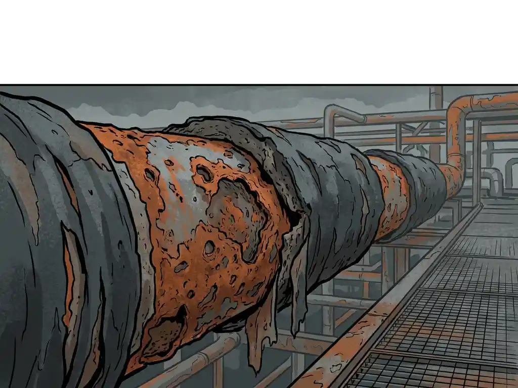 Gecorrodeerde stalen pijp met zware roestvorming en afbrokkelende isolatie die diepe putcorrosie onthult, industriële achtergrond.
