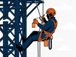 Touwtoegangstechnicus in veiligheidsuitrusting die een keuringslabel aan een harnas bevestigt, hangend aan een industriële staalconstructie.