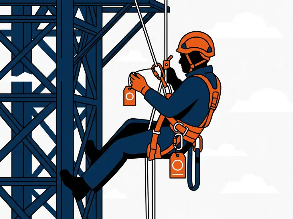 Touwtoegangstechnicus in veiligheidsuitrusting die een keuringslabel aan een harnas bevestigt, hangend aan een industriële staalconstructie.
