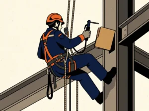 Touwtoegangstechnicus hangt aan industriële takelage met lasgereedschap en certificeringsmap tegen staalconstructie, helm en harnas zichtbaar.