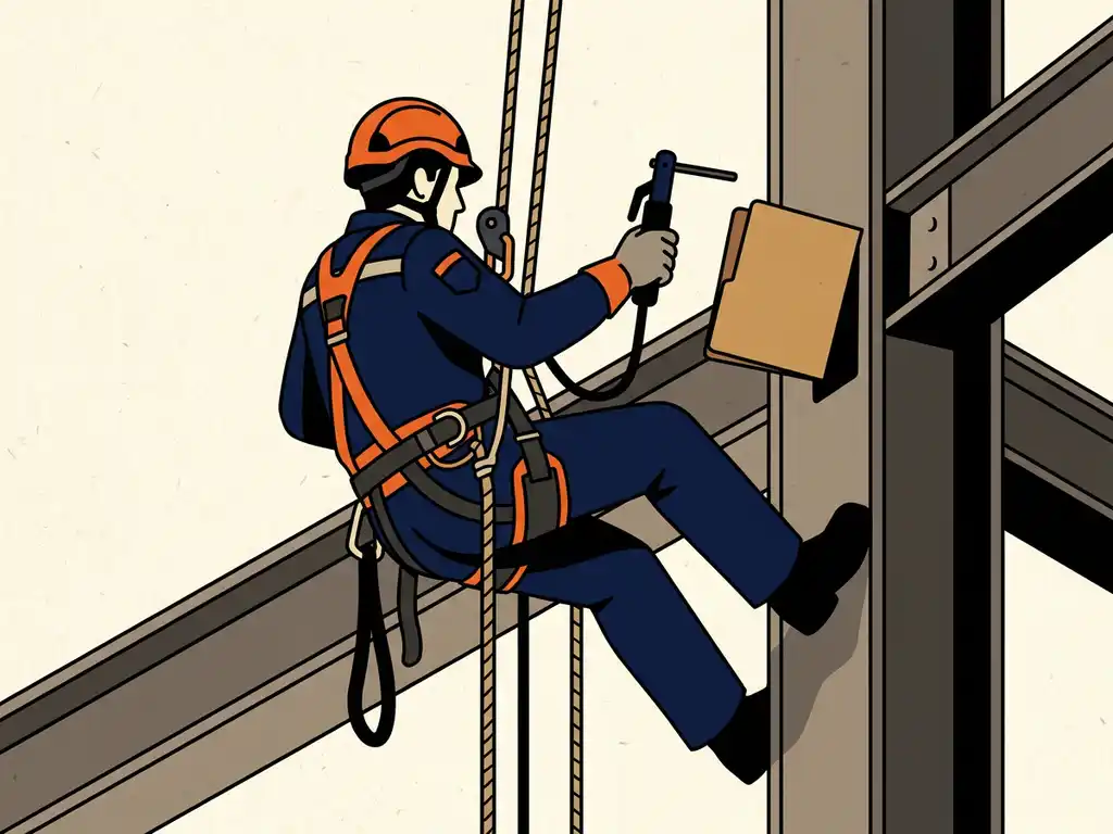 Touwtoegangstechnicus hangt aan industriële takelage met lasgereedschap en certificeringsmap tegen staalconstructie, helm en harnas zichtbaar.