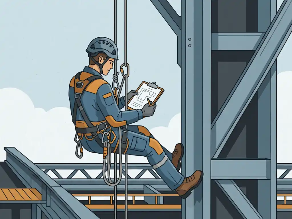 Touwtoegangstechnicus in harnas en helm inspecteert klembord hangend aan industriële staalconstructie.
