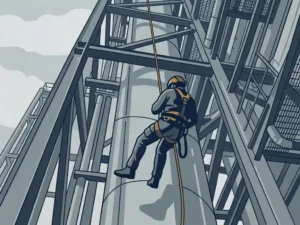 Touwtoegangstechnicus hangt aan een touw tegen een hoge industriële staalconstructie, veiligheidsharnas en uitrusting zichtbaar, lage camerahoek.