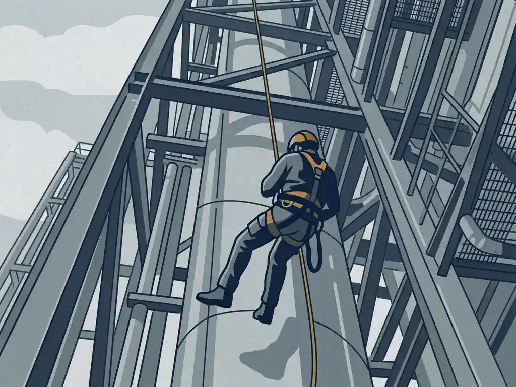 Touwtoegangstechnicus hangt aan een touw tegen een hoge industriële staalconstructie, veiligheidsharnas en uitrusting zichtbaar, lage camerahoek.