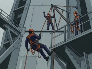 Drie touwtoegangstechnici op staalconstructie: één rappelt omlaag terwijl collega's coördineren via ankerpunten, dramatisch laaghoekaanzicht.