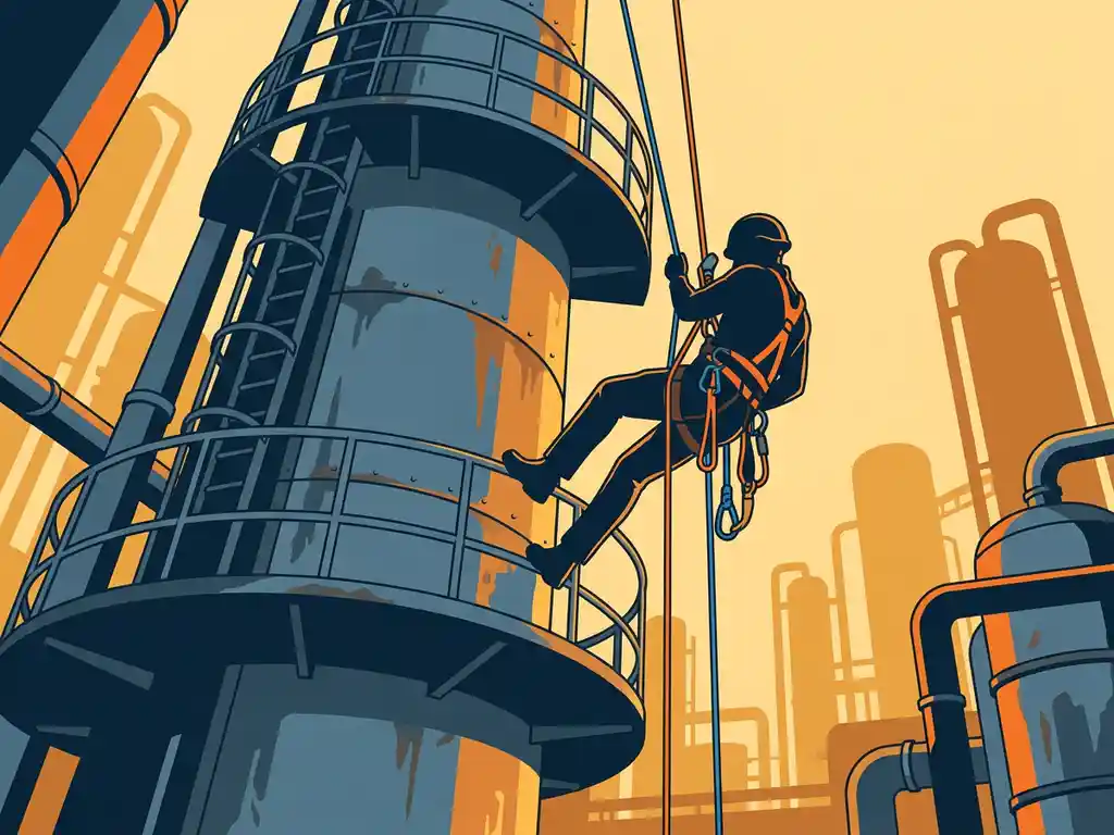 Touwtoegangstechnicus rappelt langs industriële destillatietoren in petrochemische raffinaderij, veiligheidsgordel zichtbaar vanuit dramatisch laagperspectief.