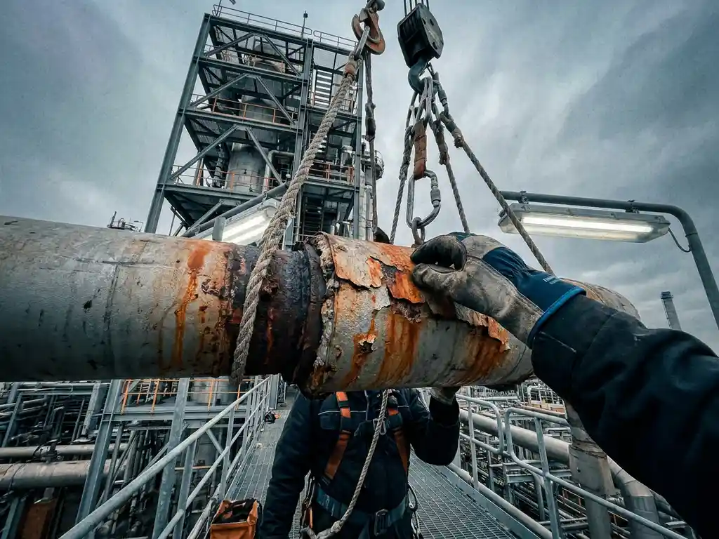 Gecorrodeerde industriële pijpverbinding met roest en CUI-schade, onderzocht door technicus via touwtoegangstechniek bij petrochemische installatie.