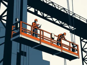 Twee arbeiders in veiligheidsharnas op hangend modulair werkplatform bij industriële constructie, gezien vanuit lage hoek.
