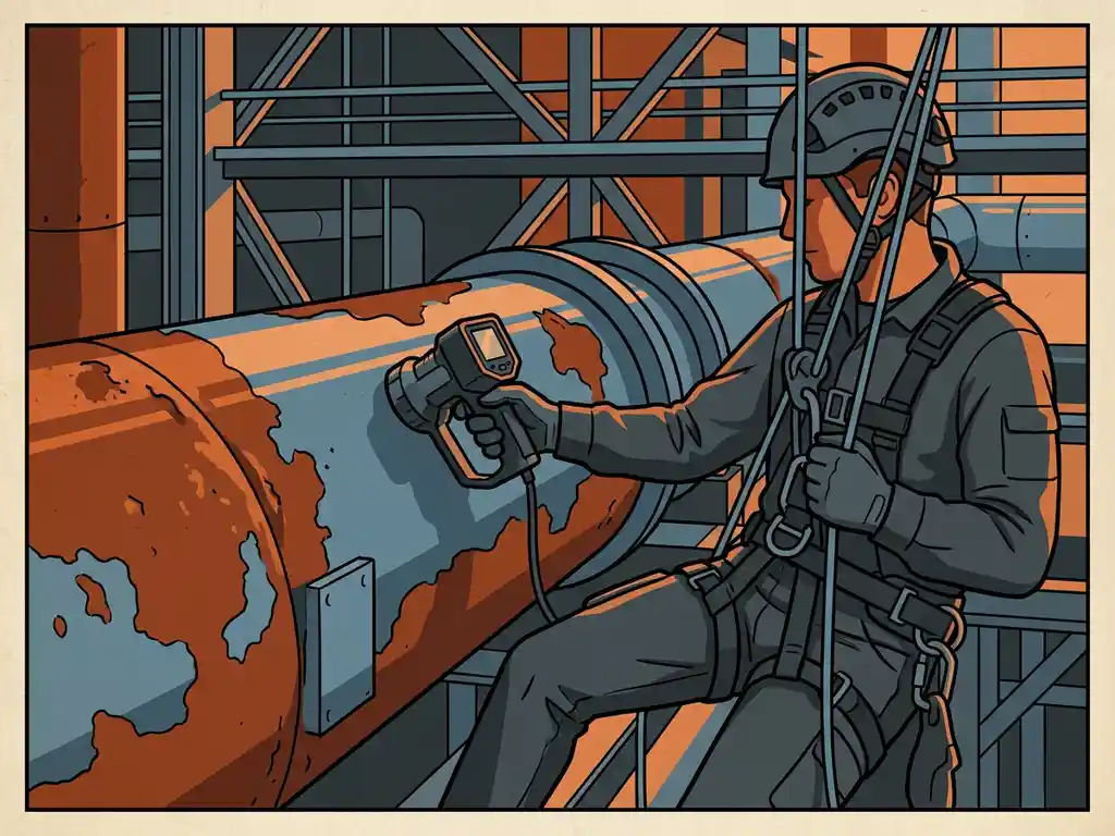Touwtoegangstechnicus inspecteert gecorrodeerde industriële pijp met ultrasone NDT-probe, roestoranje oppervlak, staalblauwe achtergrond.