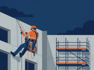Touwtoegangstechnicus in harnas daalt betonnen industriële gevel af, met steigerstructuur op de achtergrond.