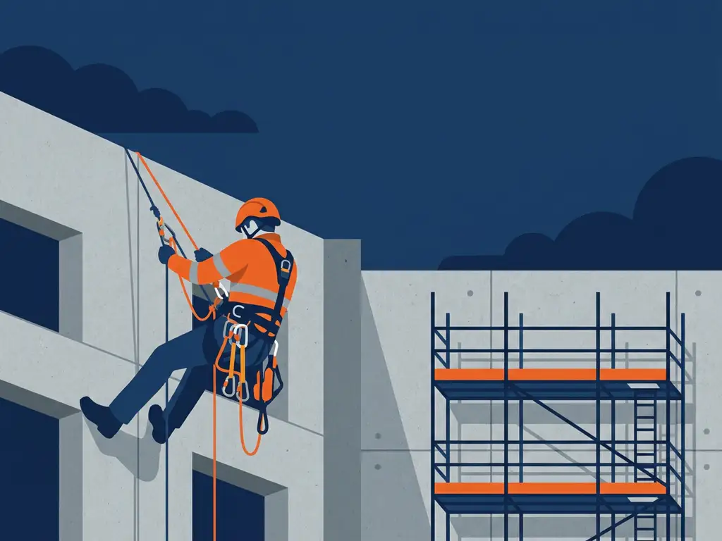 Touwtoegangstechnicus in harnas daalt betonnen industriële gevel af, met steigerstructuur op de achtergrond.