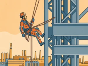 Touwtoegangstechnicus daalt af langs een grote industriële staalconstructie, harnas en touwen gespannen, fabriekscomplex zichtbaar op de achtergrond.