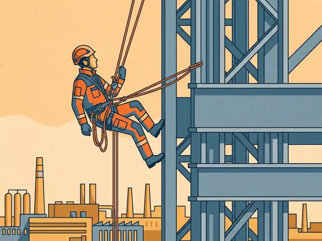 Touwtoegangstechnicus daalt af langs een grote industriële staalconstructie, harnas en touwen gespannen, fabriekscomplex zichtbaar op de achtergrond.