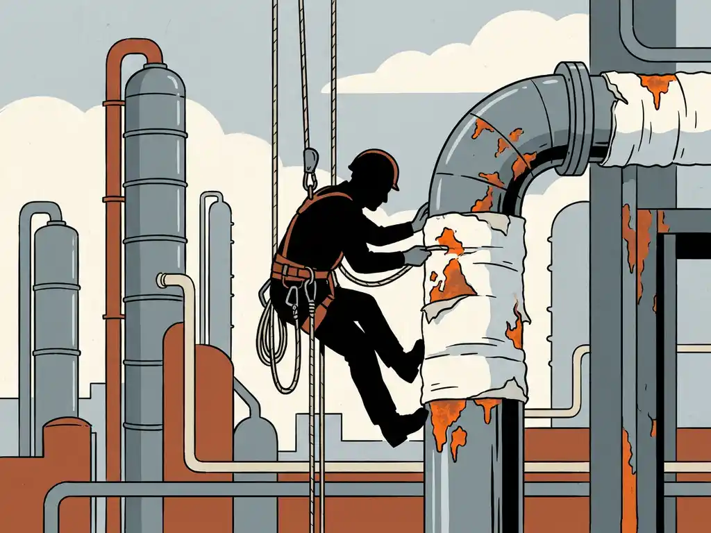 Touwtoegangstechnicus inspecteert geïsoleerde industriële leidingen met roestplekken, raffinaderijkolommen op achtergrond, vectorillustratie.