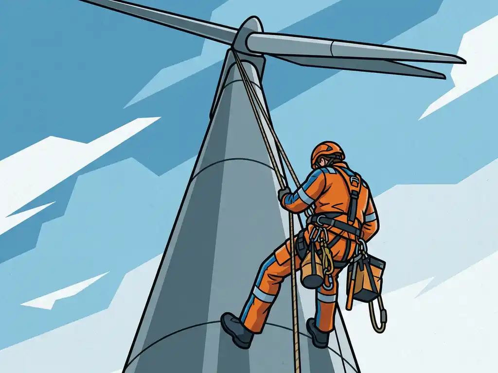 Touwtoegangstechnicus daalt af langs een hoge windturbine toren met veiligheidsharnas en gereedschap, dramatisch lage camerahoek.