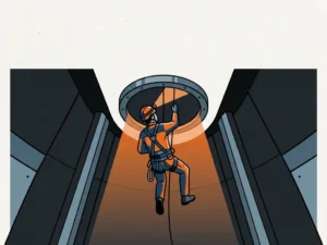 Touwtoegangstechnicus in harnas daalt via een smalle industriële luik in een besloten ruimte, helmlamp verlicht donkere stalen wanden.