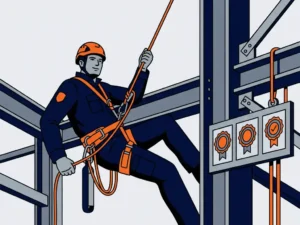 Touwtoegangstechnicus in harnas en helm op stalen industriële constructie, met drie certificeringsbadges op een takelpaneel.