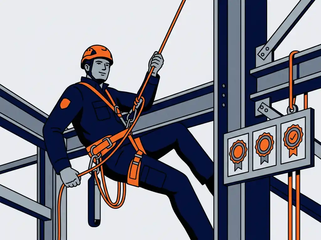 Touwtoegangstechnicus in harnas en helm op stalen industriële constructie, met drie certificeringsbadges op een takelpaneel.