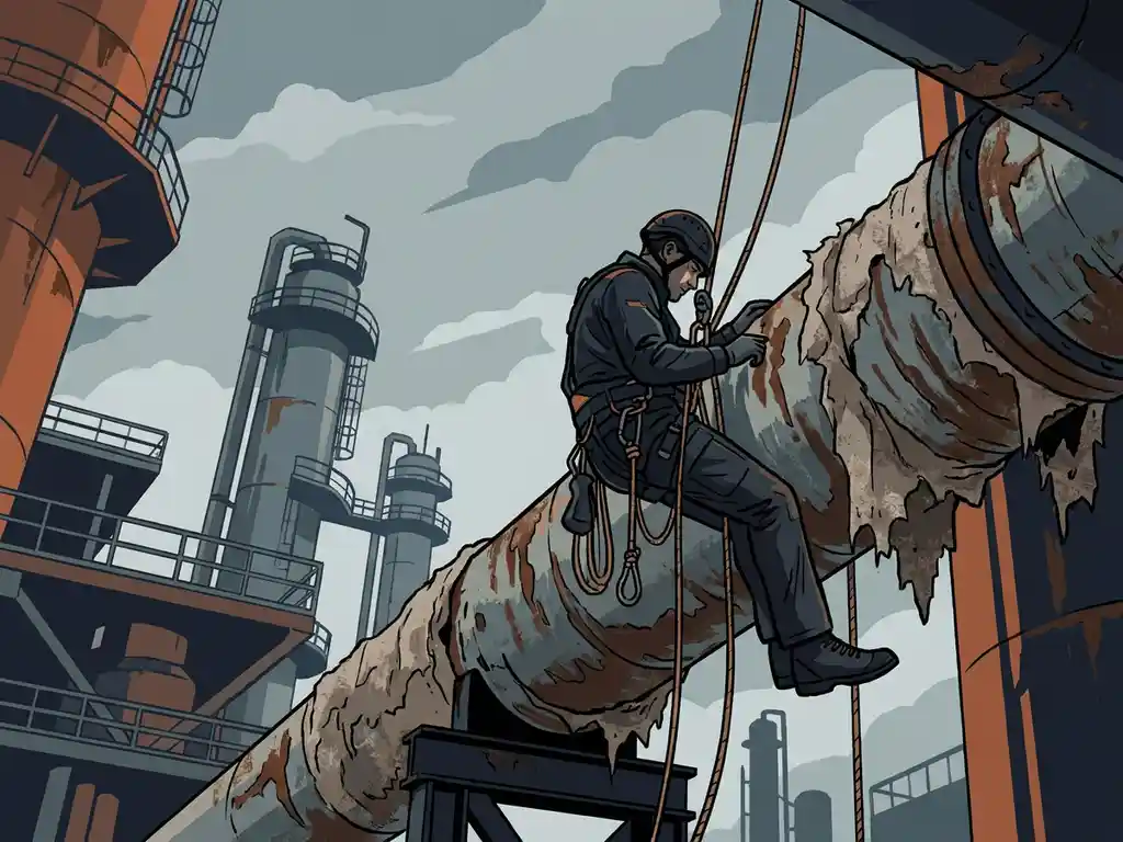 Touwtoegangspecialist inspecteert verroeste industriële leiding met aangetaste isolatie aan een raffinaderij, dramatisch laag camerastandpunt.