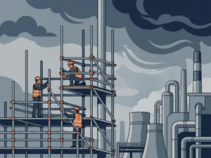 Arbeiders met helmen bouwen steigers van stalen buizen bij een industriële installatie onder bewolkte lucht.