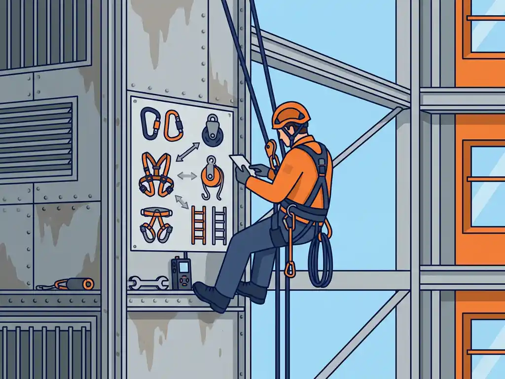 Touwtoegangspecialist hangt aan touwen naast een industriële staalstructuur, uitgerust met veiligheidsharnas en takelgereedschap.