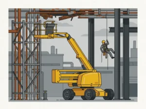 Gele hoogwerker naast smal industrieel leidingrek, te groot om de overhead constructie te bereiken; touwtoegangstechnicus daalt tussen stalen balken.
