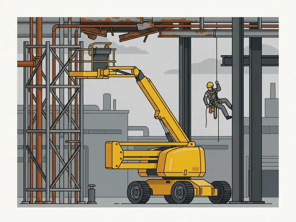 Gele hoogwerker naast smal industrieel leidingrek, te groot om de overhead constructie te bereiken; touwtoegangstechnicus daalt tussen stalen balken.