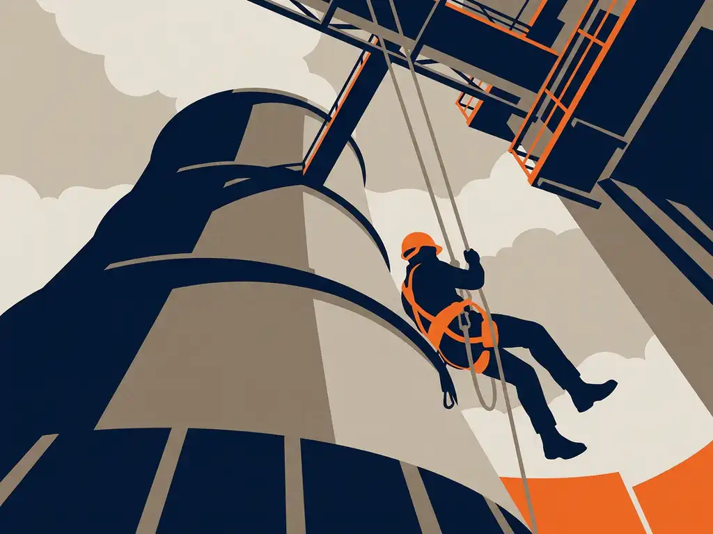 Touwtoegangspecialist in harnas en helm daalt af langs gebogen industriële constructie op grote hoogte.