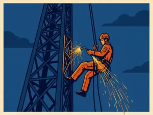 Touwtoegangspecialist hangt aan twee kabels en last met vonken aan een hoge industriële staalconstructie.