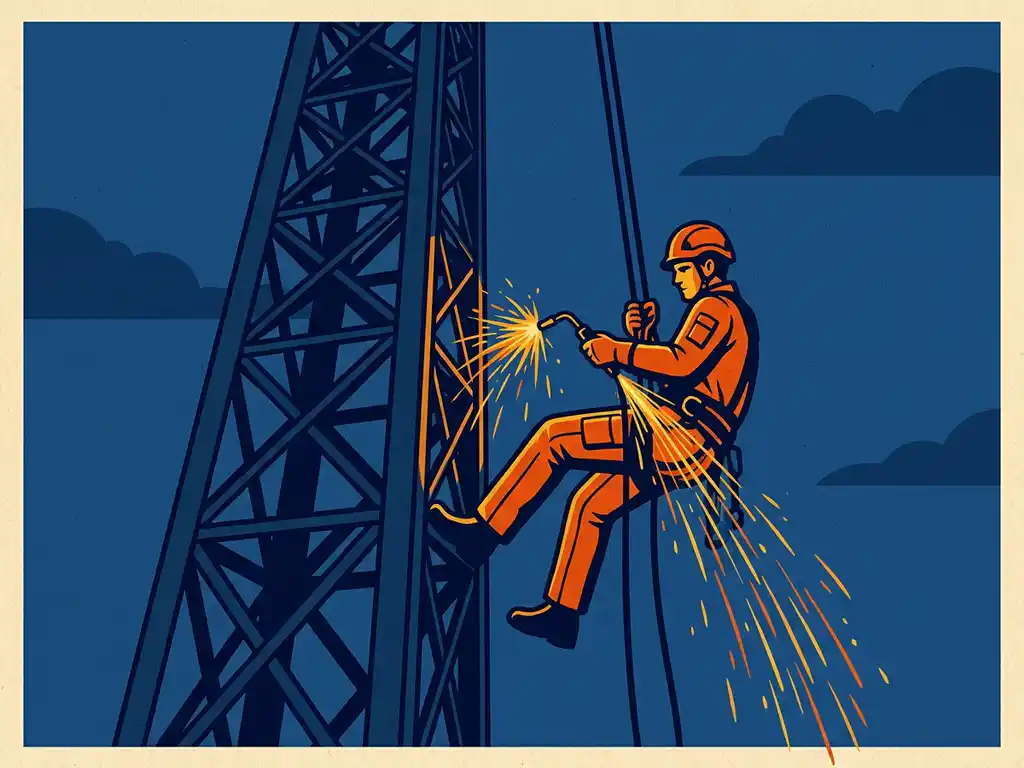 Touwtoegangspecialist hangt aan twee kabels en last met vonken aan een hoge industriële staalconstructie.