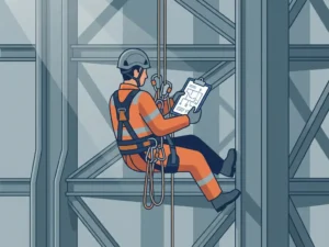 Touwtoegangstechnicus in harnas en helm bestudeert technisch plan op clipboard, hangend aan industriële staalconstructie.