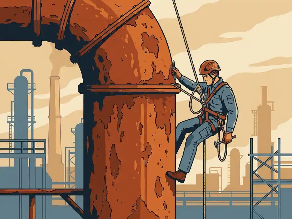Touwtoegangstechnicus inspecteert corroderende industriële pijp op hoogte, roestoranje metaaloppervlak op de voorgrond, industriële installatie op achtergrond.