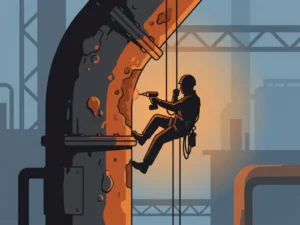 Touwtoegangstechnicus in harnas inspecteert geroeste industriële pijp met handheld tool, illustratie in oranje en antraciet tinten.