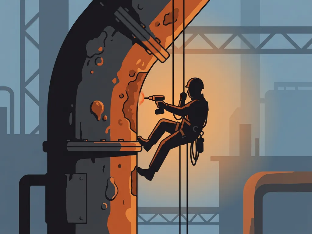 Touwtoegangstechnicus in harnas inspecteert geroeste industriële pijp met handheld tool, illustratie in oranje en antraciet tinten.