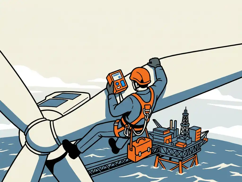 Touwtoegangstechnicus in veiligheidsharnas inspecteert en repareert windturbineblad boven offshore platform.