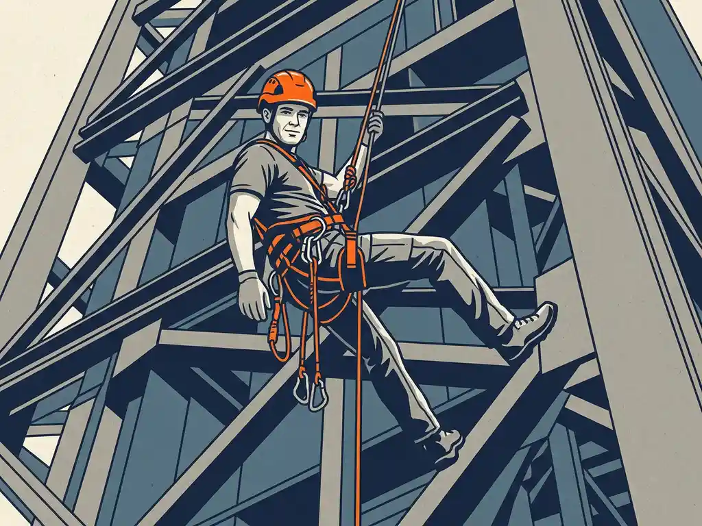 Touwtoegangstechnicus in oranje helm en harnas daalt gecontroleerd een grote industriële staalconstructie af.