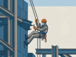Touwtoegangstechnicus in volledig harnas assembleert stalen constructiedelen hangend aan industriële touwen.