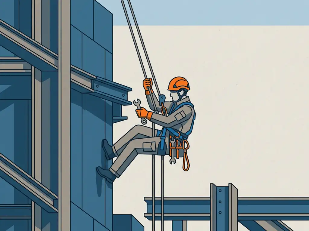 Touwtoegangstechnicus in volledig harnas assembleert stalen constructiedelen hangend aan industriële touwen.
