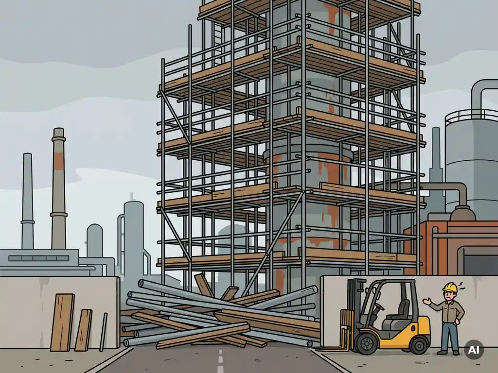 Chaotische industriële steiger rondom een raffinaderijkolom, met metalen buizen en houten planken die een toegangsweg blokkeren voor een vorklift.