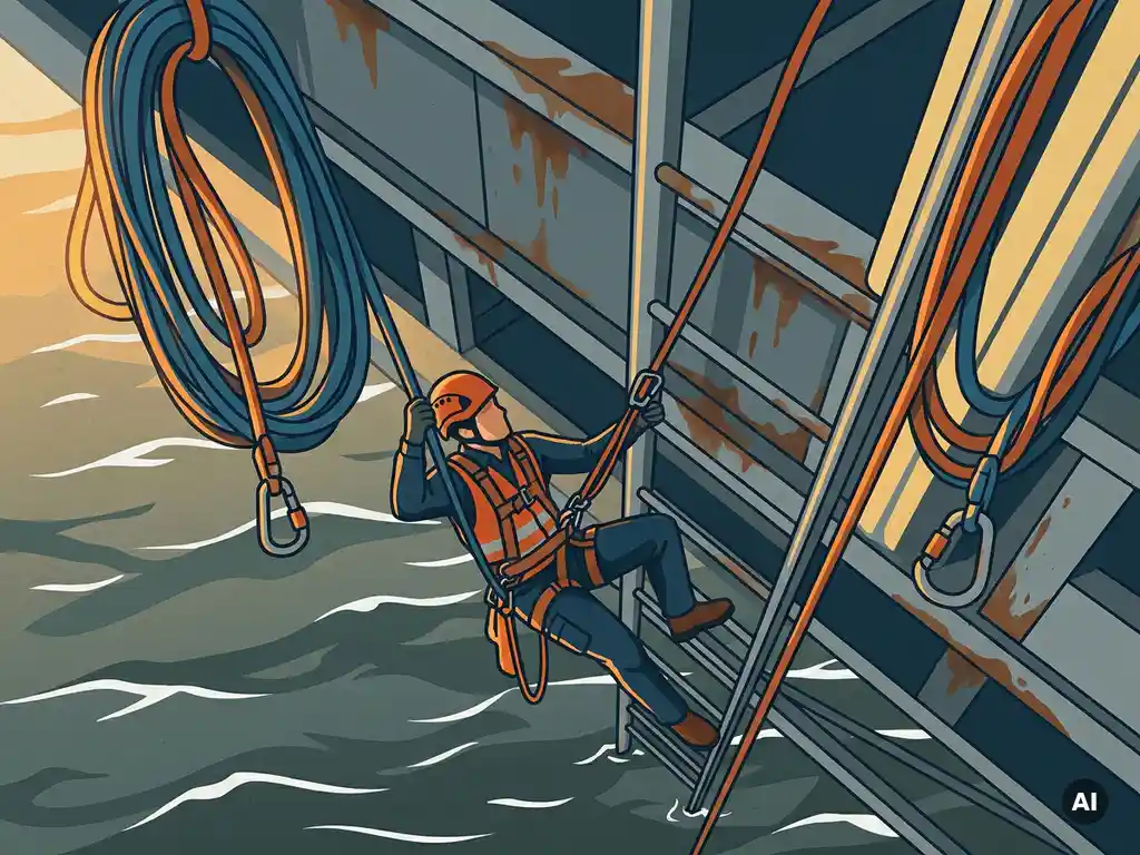 Touwtoegangstechnicus daalt af langs verweerde offshore olieplatformstructuur boven het Noord-Zee water in veiligheidsoranje harnas.