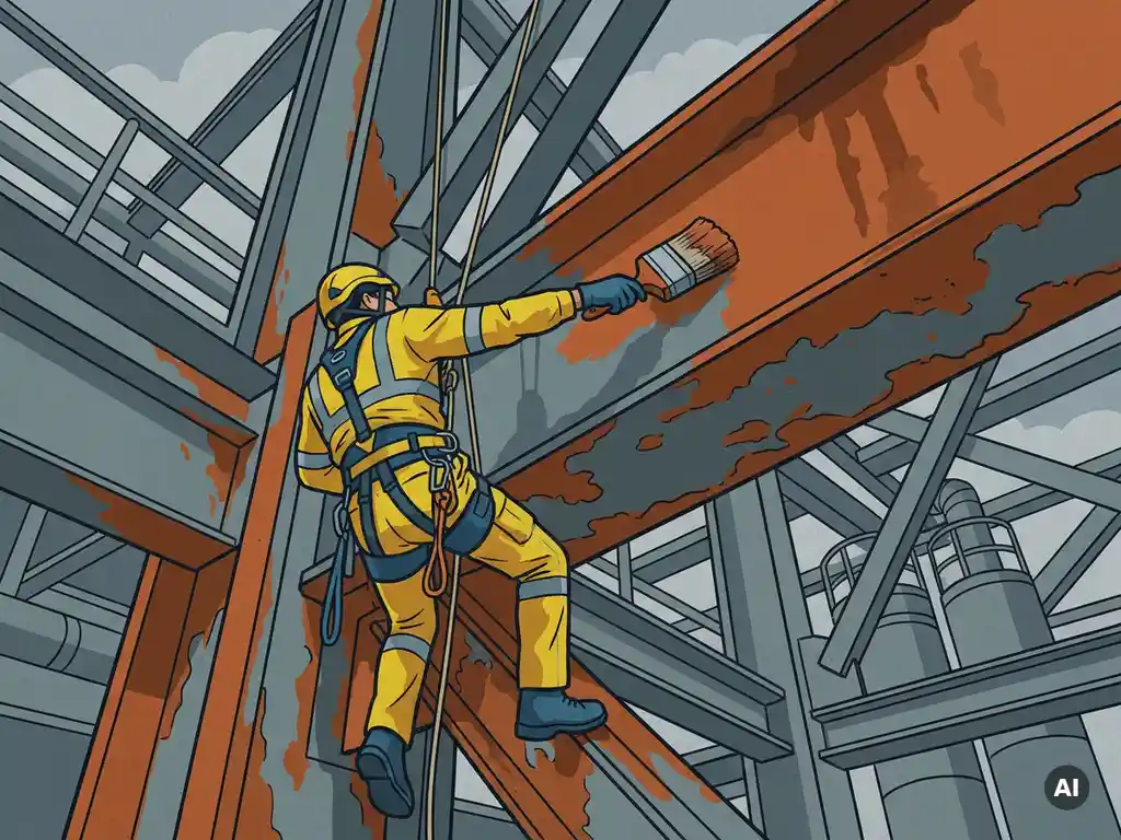 Touwtoegangstechnicus die beschermende coating aanbrengt op verroeste staalconstructie tijdens abseilen, gezien vanuit lage hoek.