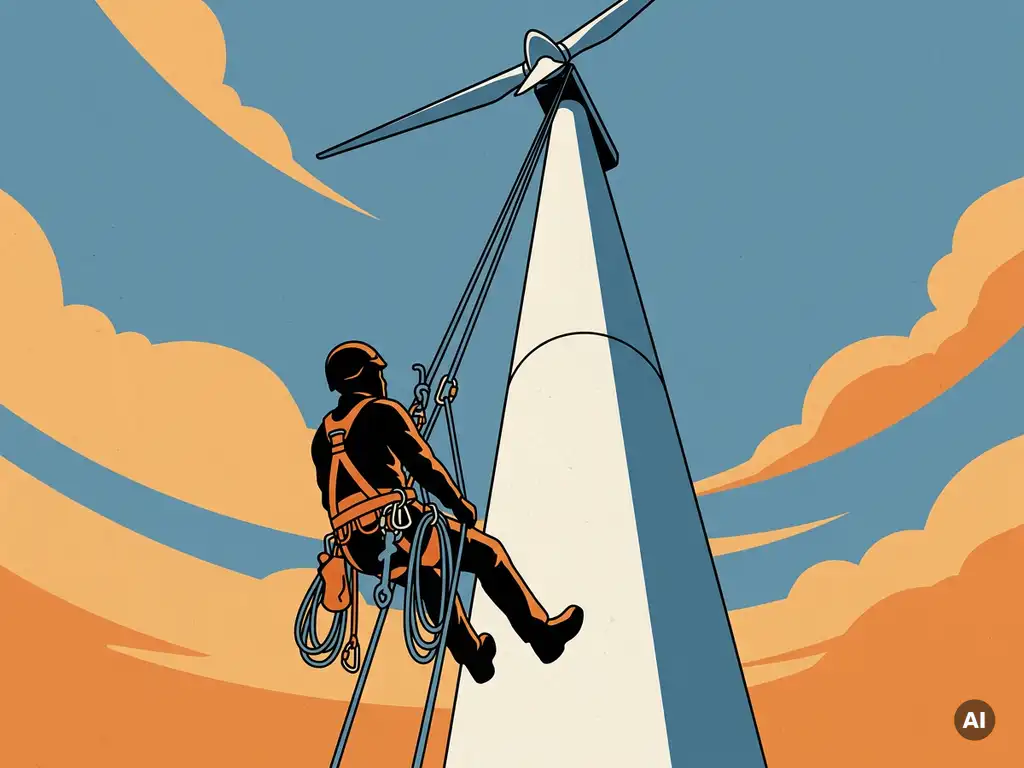 Touwtoegangstechnicus hangt aan industriële touwen naast een hoge windturbine, veiligheidsharnas zichtbaar, lage camerahoek benadrukt schaal.