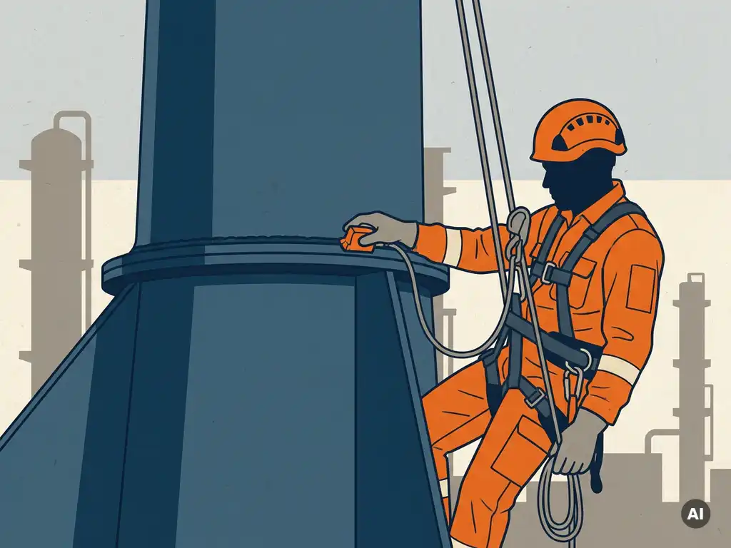 Touwtoegangstechnicus voert ultrasoon lasonderzoek uit op staalconstructie, uitgerust met veiligheidsuitrusting en NDT-probe.