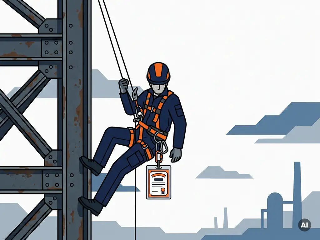 Touwtoegangstechnicus in harnas en helm daalt af langs verweerde industriële staalconstructie met ISO 9001-certificaat aan karabijnhaak.