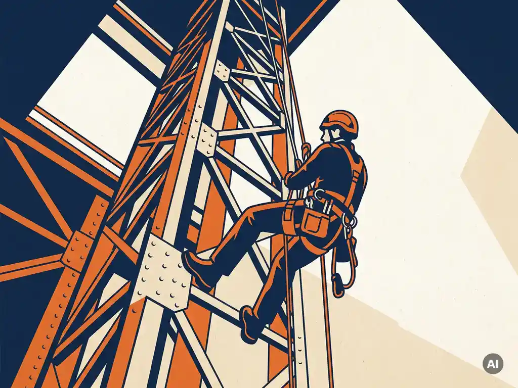 Touwtoegangstechnicus in volledig harnas hangend aan een grote industriële staalconstructie, gezien vanuit lage hoek.