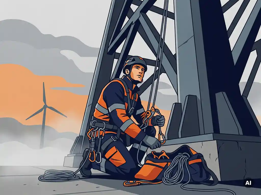 Touwtoegangstechnicus in harnas en helm bij industriële structuur, uitrusting op grond, windturbine in mistige achtergrond.