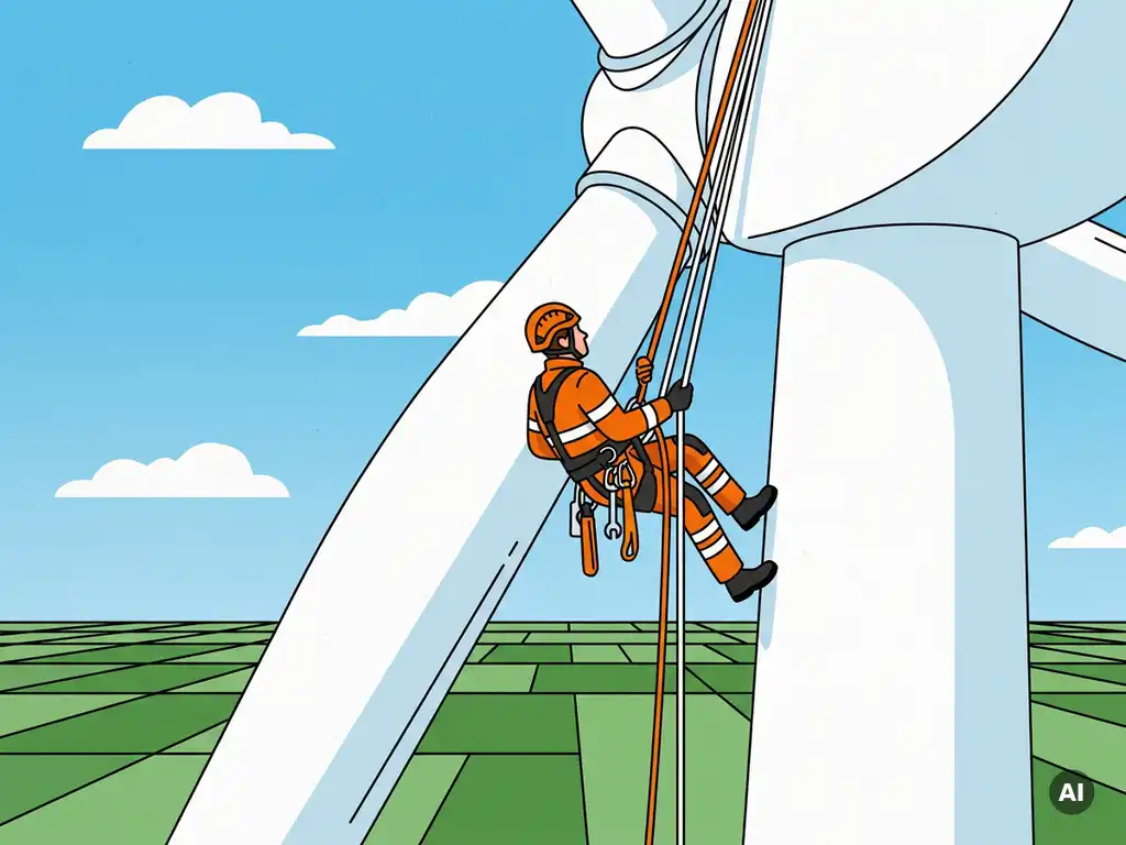 Touwtoegangstechnicus rappelt langs witte windturbine, veiligheidsharnas en gereedschap zichtbaar, Nederlands polderlandschap op de achtergrond.