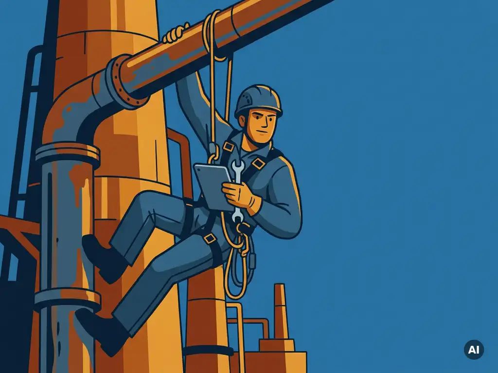 Touwtoegangstechnicus inspecteert verweerde industriële leidingen bij een raffinaderij, gereedschap in hand, staalblauwe en amberkleurige tinten.