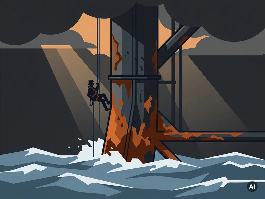 Roestende stalen pijler van een offshore platform bij de waterlijn, met een touwtoegangspecialist in veiligheidsharnas tijdens inspectie.
