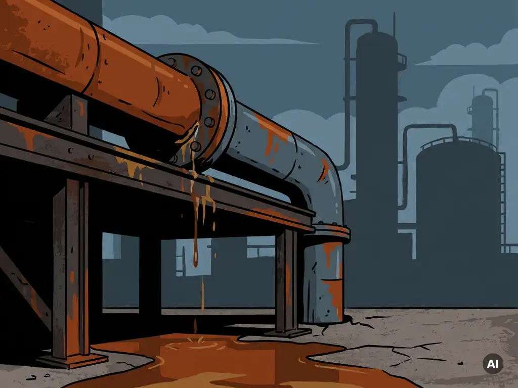Verroest industrieel leidingverbinding met roestsporen op verweerde staalstructuur van een petrochemische installatie.